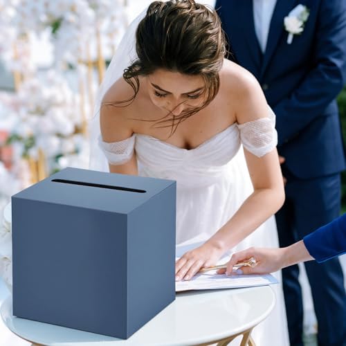 Hooqict Navy Blue Card Box with Slot 10" Wedding Favor Gift Card Box for Party, Reception, Graduation, Birthday, Wedding, Bridal or Baby Shower, Raffle Ticket Money Envelope Holder - color: Navy Blue