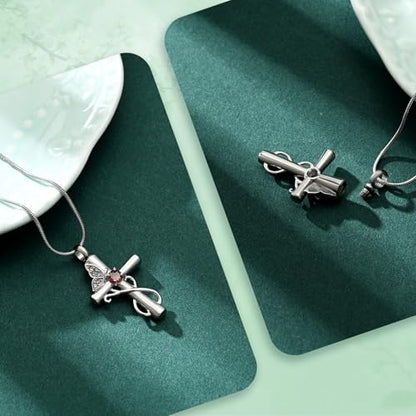 Butterfly Cross Cremation Jewelry Urn Necklaces Cross Butterfly Urn Necklaces for Ashes Memorial Keepsake Pendant for Women Men Gifts With Funnel Kit & Bag - color: Silver+Red