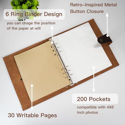 Genuine Leather Photo Album 4x6 for 200 Photos, Scrapbook with Writing Space of 30 Papers, Travel Family Wedding Kids Graduation Ultrasound Baby Picture Album, Fathers Day Gift, Brown - color: Brown, size: 200 Photos