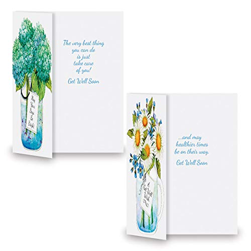 Current Mason Jar Get Well Greeting Cards - Set of 8 (4 Designs), Large 5" x 7", Sympathy Cards with Sentiments Inside, White Envelopes - color: Mason Jar