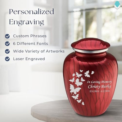 Geturns - Adult Custom Butterfly Cremation Urns for Human Ashes I Pearl Cany red Large Funeral Urn for Female and Male I 200 lbs - color: Pearl Candy Red