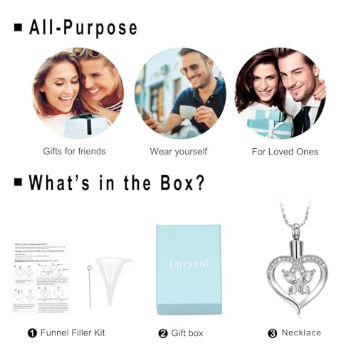 Imrsanl Butterfly Heart Pendant Cremation Urn Necklace for Women - color: Silver-White
