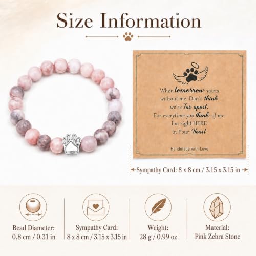 Pink Gray Stone Bead Pet Memorial Bracelet | Paw Print Charm | Dog Cat Loss Rainbow Bridge In Loving Memory Sympathy Gift | Keepsake Jewelry for Dog Mom Cat Mom with Sympathy Card