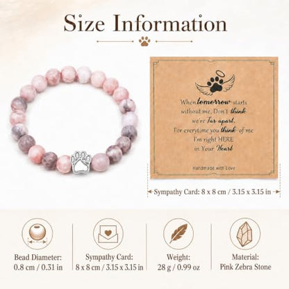 Pink Gray Stone Bead Pet Memorial Bracelet | Paw Print Charm | Dog Cat Loss Rainbow Bridge In Loving Memory Sympathy Gift | Keepsake Jewelry for Dog Mom Cat Mom with Sympathy Card