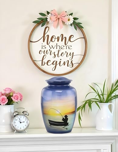 Fishing Urn - Full Size Gone Fishing Cremation Urn - Adult Urns for Men and Women – Fisherman Funeral and Memorial Urns for Human Ashes Upto 210 Lbs with Velvet Bag (Large)