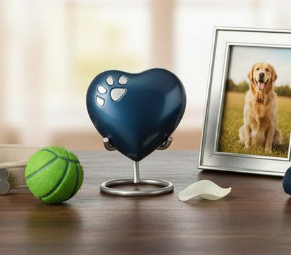 eSplanade Brass Mini Cremation Heart-Shaped Keepsake Memorial Jar Pot Container | Small Urn for Funeral Ashes Burial | Paws Engraved Metal Keepsake with Stand | Dark Blue - 2.75" Inches