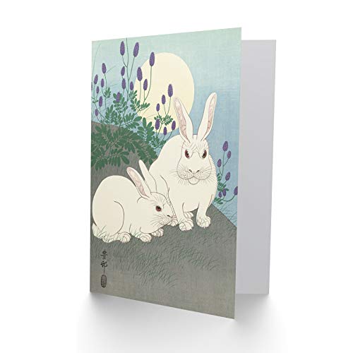 Ohara Koson Rabbits Full Moon Japanese Woodcut Fine Art Greeting Card Plus Envelope Blank Inside - color: Rabbits Full Moon