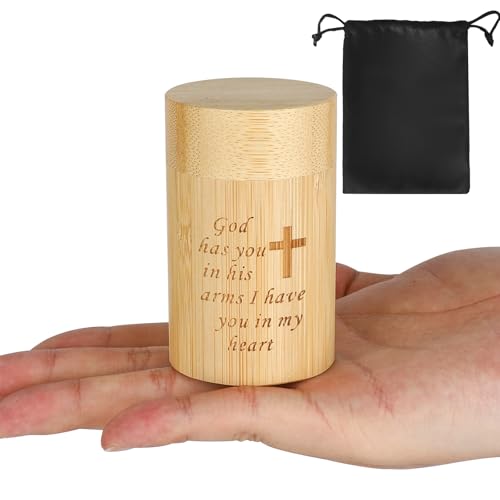 Small Scattering Urns for Human Ashes Set of 1, Natural Bamboo, Mini Keepsake Cremation Urn with Cross Pattern Engraved, for Made Female Adult Pets, 1.9" Wx 3" H