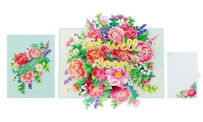 Peony Get Well Soon Cards Pop Up, 3D Encouragement Get Better Soon Card, Colorful Thinking of you 3D for Speedy Surgery Recovery, Feel Better Soon, Kids, Friends (Peony GW) - color: Peony Get Well Soon