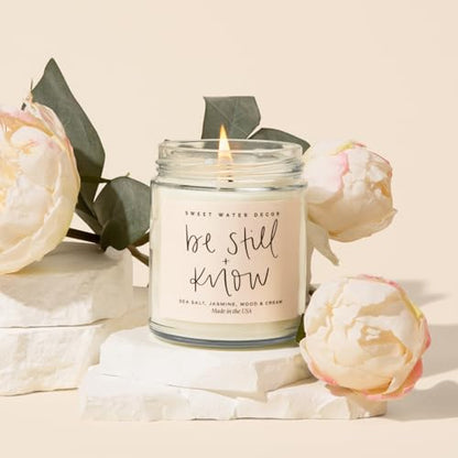 Sweet Water Decor, Be Still and Know, Sea Salt, Jasmine, Cream, and Wood Scented Soy Wax Candle for Home - Christian Candle Gifts for Women - 9oz Clear Jar, 40 Hour Burn Time, Made in the USA - style: Be Still and Know