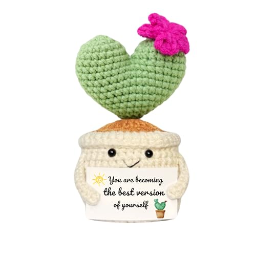Crochet Cactus Plush Plant, Encouragement Gifts for Women | Cute Desk Decor with Uplifting Card, Office Decoration for Friends, Coworkers, Birthdays, Graduation, and Motivation Gifts - color: You Are Becoming the Best Version of Yourself