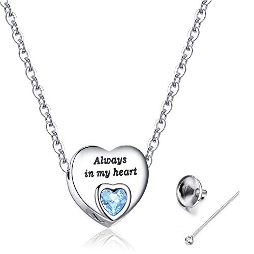 Heart Urn Necklaces for Ashes Birthstone Ashes Necklace Always in My Heart Cremation Jewelry Keepsake Memorial Necklace - color: March