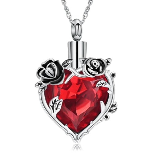 Cremation Jewelry for Ashes Rose Flower Urn Necklace with Crystal Heart Ashes Pendant Butterfly Necklaces for Women Men Memorial Keepsake Jewelry Gift - color: Silver-red