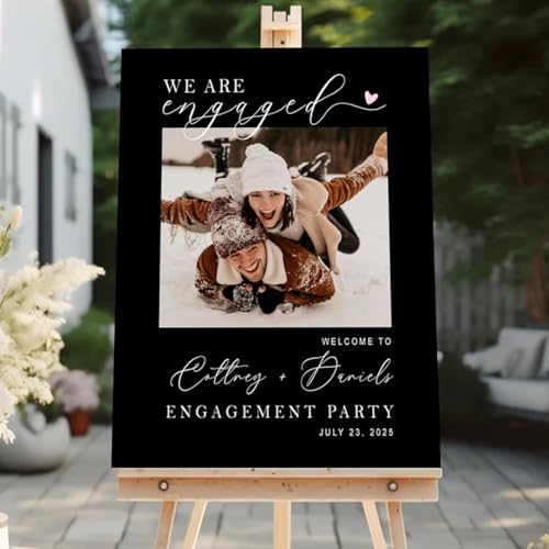 Customized Engagement Party Welcome Sign with Personalized Photo | Custom Couple Names & Date | Black Engagement Backdrop | Waterproof PVC Celebration Board - color: Design 14