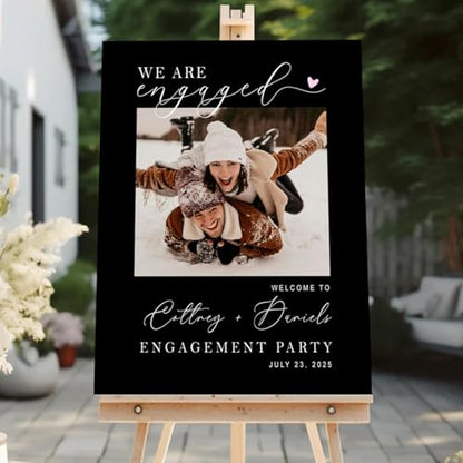 Customized Engagement Party Welcome Sign with Personalized Photo | Custom Couple Names & Date | Black Engagement Backdrop | Waterproof PVC Celebration Board - color: Design 14