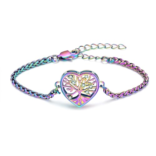 shajwo Tree of Life Heart Urn Bracelet for Ashes | Cremation Jewelry, For Human Ashes, For Women Men, Adjustable, Memorial Keepsake Link Bracelet - color: Rainbow