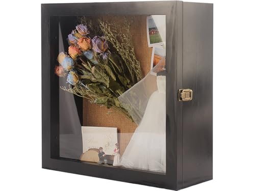 16x16x6 Deep Shadow Box Wood Wall Mount for Wedding Flowers | wedding bouquet medals keepsakes photos vintage solid wood black acrylic wall mount or tabletop Deep 6in fits large