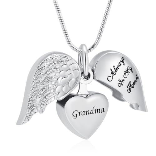 Cremation Jewelry Angel Wing Stainless Steel Heart Urn Necklaces for Ashes Memorial Keepsake Pendant for Women Men - color: Silver-Grandma
