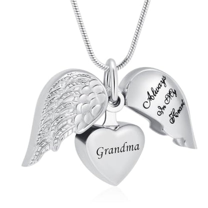 Cremation Jewelry Angel Wing Stainless Steel Heart Urn Necklaces for Ashes Memorial Keepsake Pendant for Women Men - color: Silver-Grandma