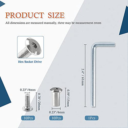 M6x20mm Hex Drive Socket Cap Bolt, Silver, 10 Pair (20 Piece) | Allen Wrench Included, Countersunk Screw Barrel Nuts, Binding Screws, For Crib Replacement Belt Cabinet - color: Silver, size: M6x20mm