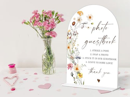 Photo Guest Book Sign, Wedding Guest Book Alternative, Flower Style Bridal Shower Signs for Engagement, Bridal Shower and Reception, Wedding Shower Favors, 6X8 Inch Acrylic Arch Sign with Stand,12 - color: Photo Guest,12
