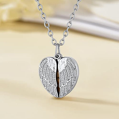 Custom4U Personalized Heart Locket Necklace with Pictures,Sunflower/Angel Wings/Heart Shaped Lockets Custom Photo,Gold/Rose Gold/White Lockets That Holds Picture,Customized Memorial Jewelry for Women - color: B-Angel Wings-Steel(Locket + Photo + Engraving