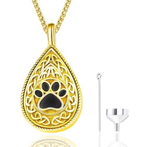 Pet Cremation Urn Necklace for Dog Cat Ashes 925 Sterling Silver Paw Print Keepsake Pendant Celtic Knot Memorial Jewelry for Women Men - style: 00E-Teardrop Urn-(Gold Plated)