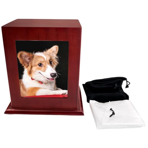 Pet Urn for Ashes Wooden Memorial Urn Dogs Cats with Photo Frame Wine Red - color: Wine Red