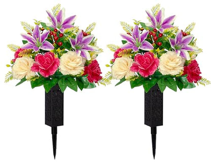 LVXINLI 2 Sets Vibrant Cemetery Flowers - Beautiful Grave Decorations with Artificial Roses and Silk Flowers (red, 2 Bouquets) - size: 2 saddles