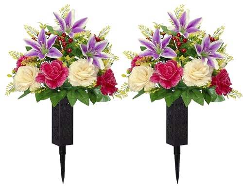 LVXINLI 2 Sets Vibrant Cemetery Flowers - Beautiful Grave Decorations with Artificial Roses and Silk Flowers (red, 2 Bouquets) - size: 2 saddles