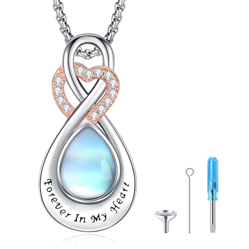 Infinity Urn Necklace for Ashes Sterling Silver Heart Moonstone Turquoise Birthstone Keepsake Memorial Cremation Jewelry for Women - style: Infinity A-06-Jun.-Moonstone