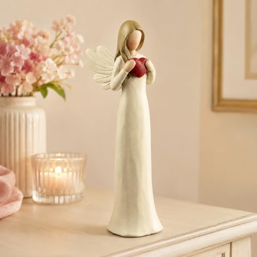Angel Figurine Holding Heart | Hand-Painted Resin Angel Decor For Memorial Spaces, Bereavement Gifts, And Meaningful Family Keepsakes 7.48"
