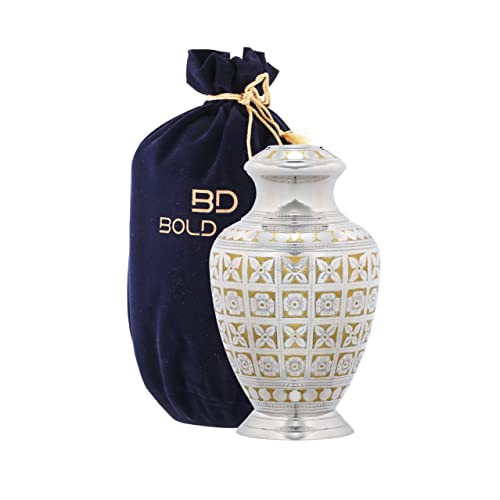 BOLD & DIVINE Cremation Urn for Human Ashes Adult Brass Funeral Urn |Metal Hand Engraving Large Urn | for Adults Display Burial at Home or in Niche at Columbarium (Silvery Shine/Golden Design) - color: Silvery Shine / Golden Design
