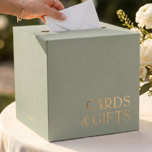 ZICOTO Elegant Wedding Card Box - Sage Gift Card Holder w/Gold Foil | Matches Your Party Reception Decorations - Sturdy and Easy to Assemble for Bridal Showers, Anniversaries and Graduations - color: Sage