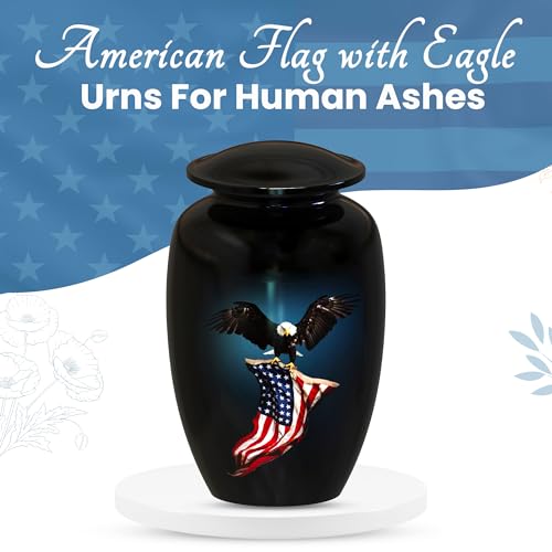 American Flag Eagle Cremation Urns for Human Ashes Adult Male & Female, Patriotic Urns for Funeral Burial Urns Adult Large Upto 200lbs | 200 Cu In (Up to 200 lbs), Hand-Finished Aluminum, Secure Threaded Lid, For Veterans and Service Members - color: Amer