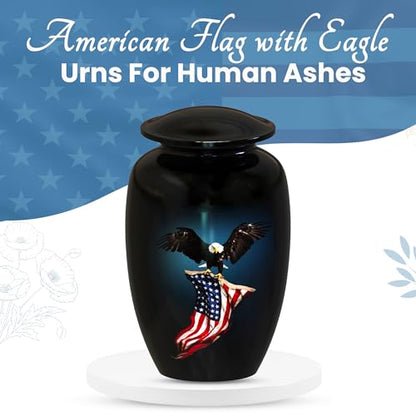 American Flag Eagle Cremation Urns for Human Ashes Adult Male & Female, Patriotic Urns for Funeral Burial Urns Adult Large Upto 200lbs | 200 Cu In (Up to 200 lbs), Hand-Finished Aluminum, Secure Threaded Lid, For Veterans and Service Members - color: Amer