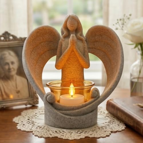 OakiWay Memorial Candle Gifts – Angel Figurines Tealight Candle Holder, Sympathy Gifts for Loss of Loved One, W/Flickering Led Candle, Bereavement, Grief, Funeral, Remembrance, Memory Home Decorations - color: Praying Angel