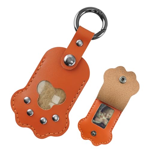 Pet Memorial Keychain,Dog Hair Keychain, Handmade Full Grain Leather Paw Shape Keychain for Dog Cat Hair Keepsake, Holds Fur & Photo, Personalized Memorial Gift for Pet Loss (Orange) - color: Sunset Orange