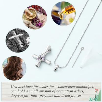 Imrsanl Cross with Butterfly Urn Necklaces for Ashes for Women - color: Silver Purple