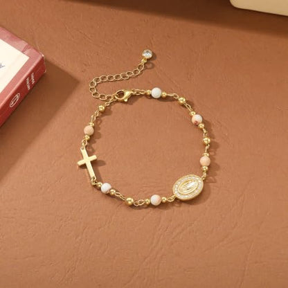 Moodear Cross Bracelet for Women, Dainty Sterling Silver/Gold Plated Gift | Christian Religious Gifts for Teen, Stocking Stuffers, Adjustable Link Bracelets, Sparkling CZ Cross, Non Tarnish Jewelry - color: Virgen's Rosary Cross Bracelet
