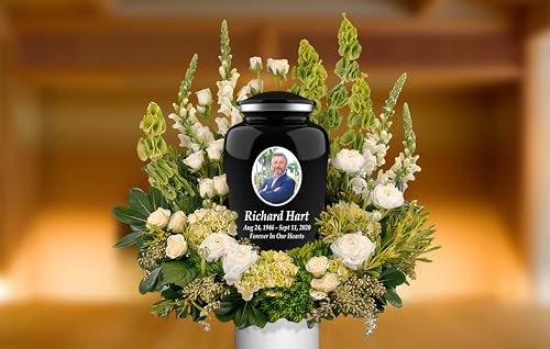 Personalized Photo & Engraved Cremation Urn for Human Ashes | Large Adult Memorial Urn | Black Finish | Up to 200 lbs