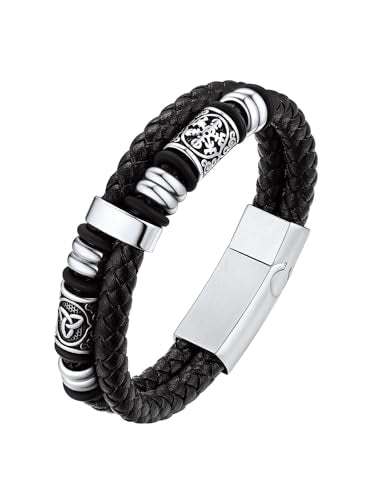 Bestyle Genuine Men Leather Bracelets Fashion Stainless Steel Celtic Beaded Wristband for Men, Size 7.5/8.3/9.1/9.8Inch Men Bracelet, Message Card Offered - style: 0. Viking Celtic Charm-Stainless Steel