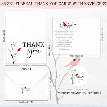 Marspark 25 Pack Funeral Thank You Cards Sympathy Envelopes, Cardinals | Bereavement Message Memorial Postcards with Stickers, for Loved Ones Family Friends, Celebration of Life - style: Cardinals