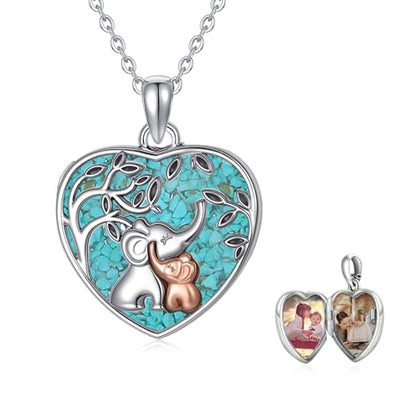 TUGHRA Locket Necklaces That Holds Picture Sterling Silver Elephant Locket Heart Pendant Necklace Photos Jewelry Gifts for Women Teen Mom Daughter - style: 06-Turquoise