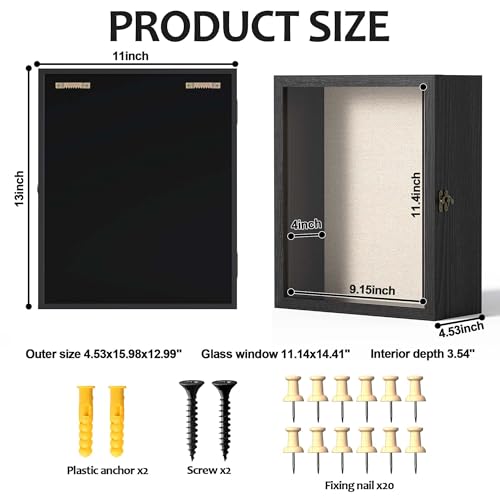 11x13 Shadow Box Frame with Acrylic Glass, Deep Large Shadow Boxes Display Cases for Tabletop and Wall Display, Memory Box for Keepsakes, Shadow Box for Flowers, Black with Linen Back - size: 11x13 in