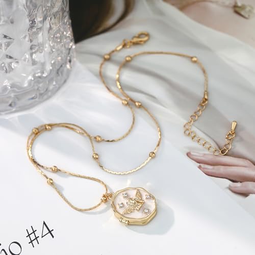 Gold Locket Necklace for Women Vintage, Oval Angel Shell Locket Pendant that Holds Picture Photo Memorial Necklace Personalized Protection Jewelry Birthday Gifts