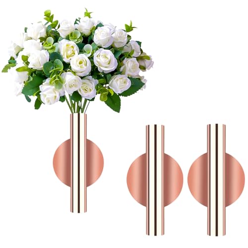 2 Pcs Gold Wall Decor, Plant Wall Vase Metal Tube Decoration Holder Used to Display Dried Flowers, Faux Flowers, Fake Flowers, Also Suitable for Gravestone Memorial Decoration (Round Rose Gold) - color: Round Rose Gold