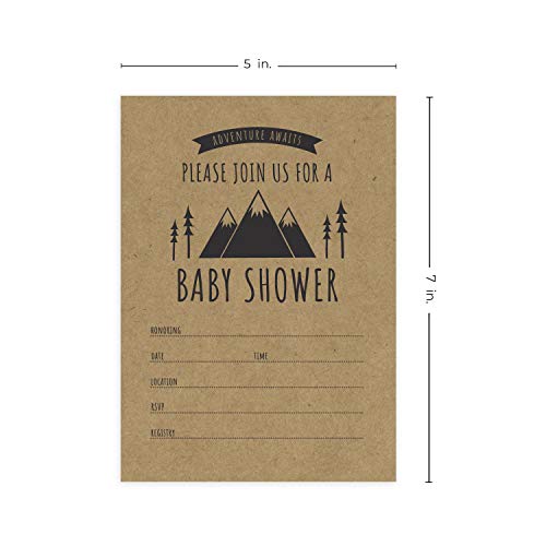 Canopy Street Adventure Awaits Baby Shower Invitations / 25 Mountain Themed Fill In The Blank Gender Neutral Baby Shower Invites / 5" x 7" Flat Boy Or Girl Gender Reveal Invitation - color: Adventure Awaits