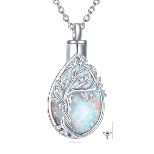 Diamond Tree of Life Urn Necklace for Ashes 925 Sterling Silver Family Tree of Life Cremation with Funnel Filler Ash Holder Keepsake Memorial Jewelry Gifts for Women,18+2 inch - style: Style 1-White Opal