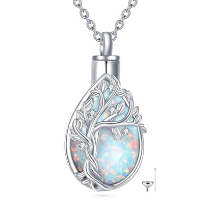 Diamond Tree of Life Urn Necklace for Ashes 925 Sterling Silver Family Tree of Life Cremation with Funnel Filler Ash Holder Keepsake Memorial Jewelry Gifts for Women,18+2 inch - style: Style 1-White Opal